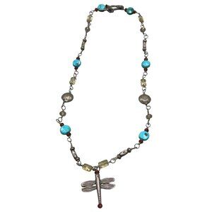 Costume jewelry necklace dragonfly turquoise color chain beaded floral 19" READ